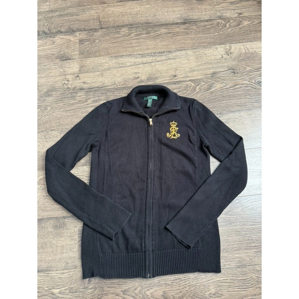 EUC Womens VINTAGE Lauren Ralph Lauren sweater zip black emblem gold detail SZ M